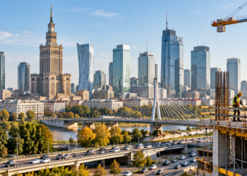Warsaw skyline with active construction representing investment and economic growth in Poland