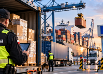 Polish customs officers inspecting freight at a container terminal