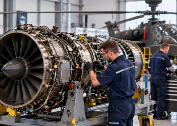 Technician maintaining a helicopter turboshaft engine in a modern aircraft maintenance facility