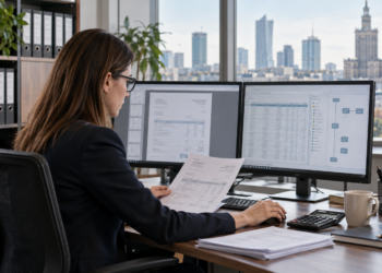 Polish finance professional reviewing electronic invoices at a computer in a Warsaw office
