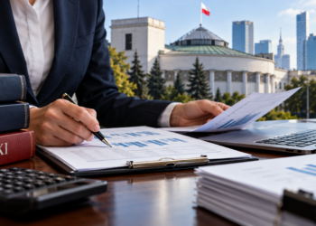 Business professional reviewing Polish tax documents with Warsaw government buildings in the background