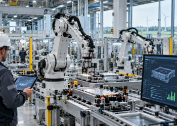 Automated manufacturing facility with industrial robots and digital monitoring systems