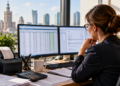 Polish finance professional reviewing digital tax records and electronic receipts in a modern office