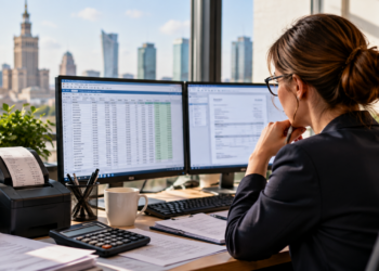 Polish finance professional reviewing digital tax records and electronic receipts in a modern office