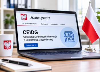 AI-generated conceptual depiction of a laptop showing a CEIDG-themed Polish business-registration website in an office; not an authentic screenshot of Biznes.gov.pl