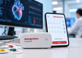AI-generated conceptual cardiac-monitoring device and ECG software interface bearing illustrative Medicalgorithmics branding; not authentic photographs or verified screenshots of Medicalgorithmics products
