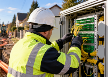 AI-generated editorial illustration showing a technician connecting fibre-optic cables in a roadside telecommunications cabinet; not a documentary photograph of a specific Polish broadband project