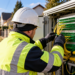 AI-generated editorial illustration showing a technician connecting fibre-optic cables in a roadside telecommunications cabinet; not a documentary photograph of a specific Polish broadband project