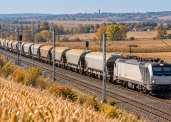 AI-generated editorial illustration of covered grain freight wagons hauled by a locomotive through autumn farmland; not documentary evidence of Ukrainian grain shipments