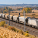AI-generated editorial illustration of covered grain freight wagons hauled by a locomotive through autumn farmland; not documentary evidence of Ukrainian grain shipments