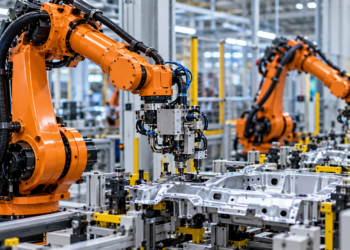 AI-generated editorial illustration of industrial robotic arms assembling metal vehicle parts in a modern manufacturing facility; not a photograph of any identified Polish factory or tax-relief claimant