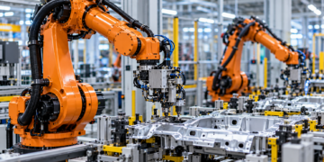 AI-generated editorial illustration of industrial robotic arms assembling metal vehicle parts in a modern manufacturing facility; not a photograph of any identified Polish factory or tax-relief claimant