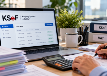 AI-generated illustration of a Polish accounting desk and laptop with a fictional KSeF dashboard and example invoice entries; not an authentic Ministry of Finance website screenshot