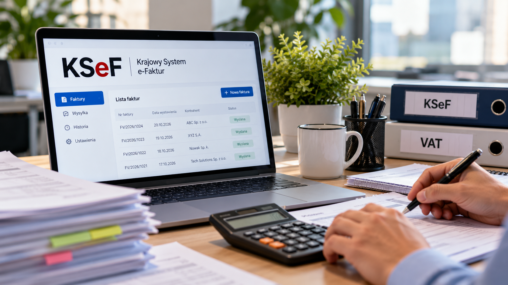 AI-generated illustration of a Polish accounting desk and laptop with a fictional KSeF dashboard and example invoice entries; not an authentic Ministry of Finance website screenshot