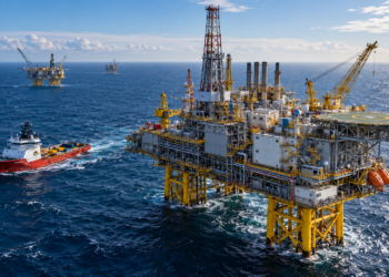 AI-generated contextual illustration of a generic offshore oil and gas platform with support vessel in the North Sea; not the Atlas CO₂ storage facility or infrastructure built for the project