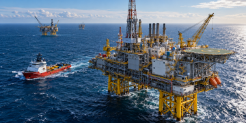 AI-generated contextual illustration of a generic offshore oil and gas platform with support vessel in the North Sea; not the Atlas CO₂ storage facility or infrastructure built for the project