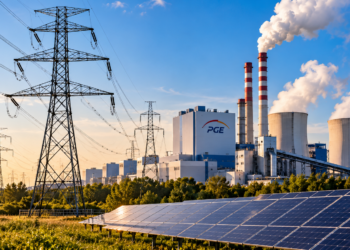 AI-generated conceptual scene combining fictional PGE-branded power plant, electricity transmission towers and solar panels; not a photograph of an actual PGE facility