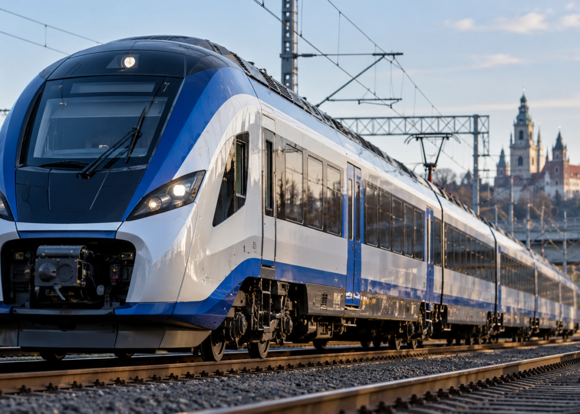 AI-generated editorial illustration of a blue-and-white modern passenger train in a European railway setting; not a verified PESA model or a train operating in India