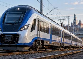 AI-generated editorial illustration of a blue-and-white modern passenger train in a European railway setting; not a verified PESA model or a train operating in India