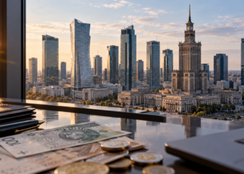 Warsaw financial district with Polish złoty notes and coins in the foreground