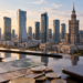 Warsaw financial district with Polish złoty notes and coins in the foreground