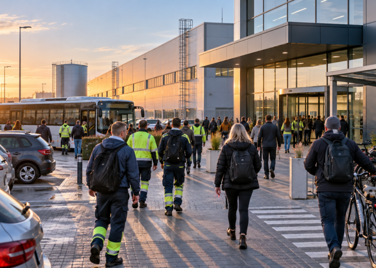Workers arriving for a shift at a modern Polish industrial facility