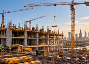 AI-generated illustration of a Polish construction site with tower cranes, workers, partially completed concrete building and Warsaw skyline; not an identified construction project