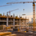 AI-generated illustration of a Polish construction site with tower cranes, workers, partially completed concrete building and Warsaw skyline; not an identified construction project