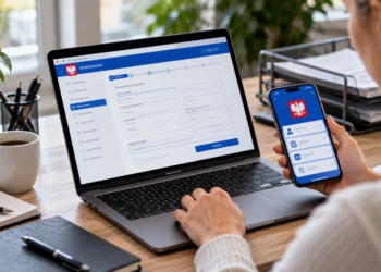 AI-generated conceptual scene of a woman using a laptop and smartphone with fictional Polish government-style online forms; not an authentic screenshot of CEIDG, Biznes.gov.pl or mObywatel