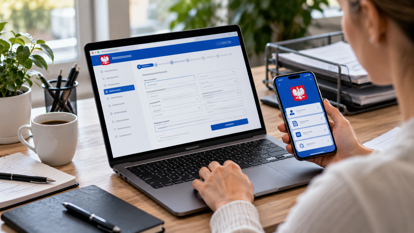 AI-generated conceptual scene of a woman using a laptop and smartphone with fictional Polish government-style online forms; not an authentic screenshot of CEIDG, Biznes.gov.pl or mObywatel