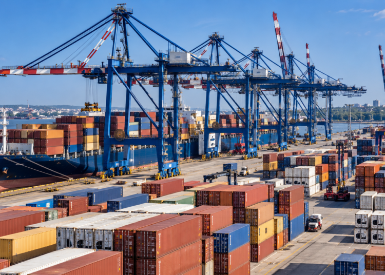 Editorial illustration of a Polish container terminal with shipping containers, cargo vessel and port cranes