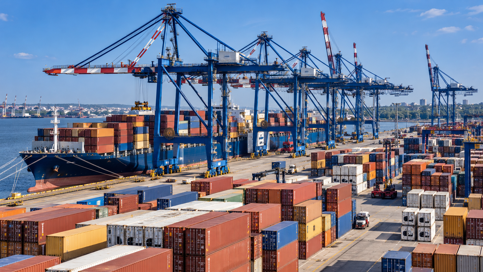 Editorial illustration of a Polish container terminal with shipping containers, cargo vessel and port cranes