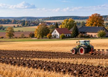 AI-generated illustration of a tractor ploughing an autumn field near a Polish farmhouse; not an identified agricultural holding or a depiction of actual tax decisions