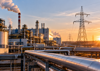 AI-generated conceptual illustration of an industrial plant and electricity transmission lines at sunset, not an identified factory or facility involved in the Visegrád EU funding talks
