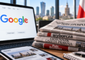 Google search screen beside Polish newspapers illustrating publisher payment negotiations