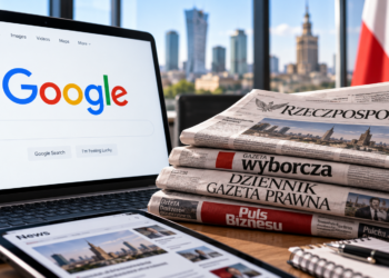 Google search screen beside Polish newspapers illustrating publisher payment negotiations