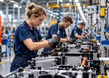 AI-generated editorial illustration of workers on an industrial assembly line in a modern factory; not an identifiable Polish company or workplace surveyed in the September 2026 wage statistics