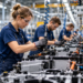 AI-generated editorial illustration of workers on an industrial assembly line in a modern factory; not an identifiable Polish company or workplace surveyed in the September 2026 wage statistics