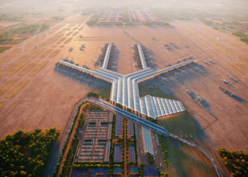 Architectural visualisation showing the proposed Port Polska airport terminal, aircraft stands, runways and transport approaches; not completed infrastructure