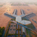 Architectural visualisation showing the proposed Port Polska airport terminal, aircraft stands, runways and transport approaches; not completed infrastructure