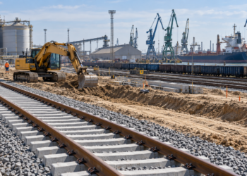 AI-generated illustration of railway construction with an excavator, new tracks and industrial port infrastructure; not a photograph of the Port of Police or the actual contaminated section