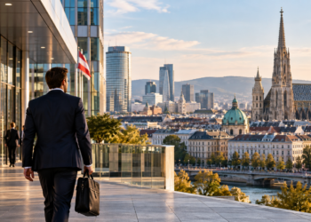 Business traveller overlooking Vienna during Symfonia's expansion into Austria