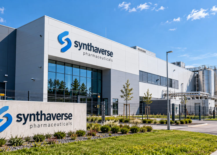 AI-generated conceptual illustration of a pharmaceutical facility with fictional Synthaverse signage; this is not an actual photograph of Synthaverse's Lublin plant