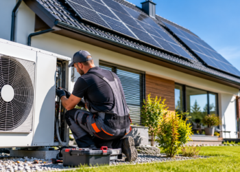 Technician servicing a residential heat pump beside a Polish home with rooftop solar panels