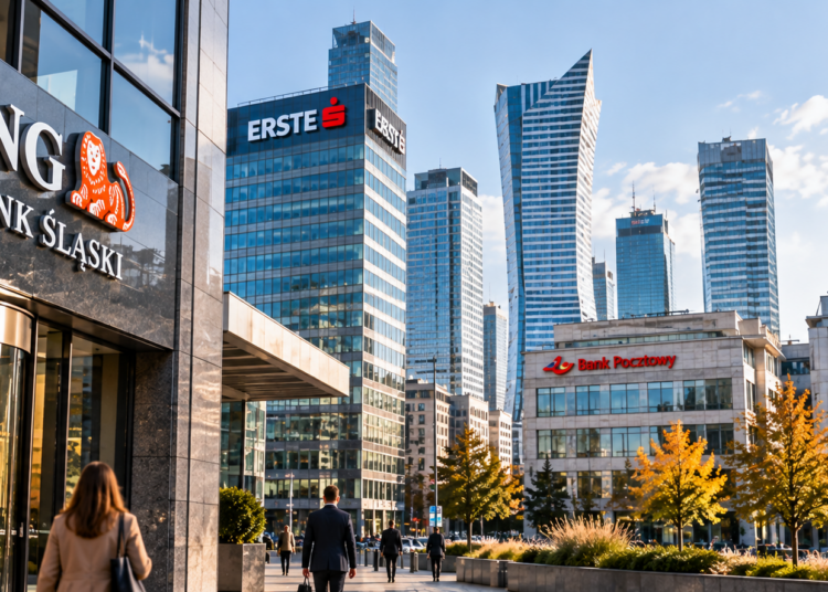 Warsaw financial district with ING Bank Śląski, Erste, Bank Pocztowy and Plus Bank offices