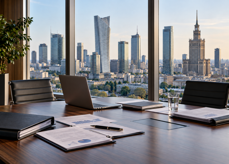 Anonymous brokerage meeting room overlooking Warsaw financial district