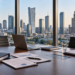 Anonymous brokerage meeting room overlooking Warsaw financial district