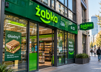 AI-generated editorial illustration showing the exterior of a Żabka convenience store in a Polish urban setting