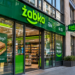 AI-generated editorial illustration showing the exterior of a Żabka convenience store in a Polish urban setting