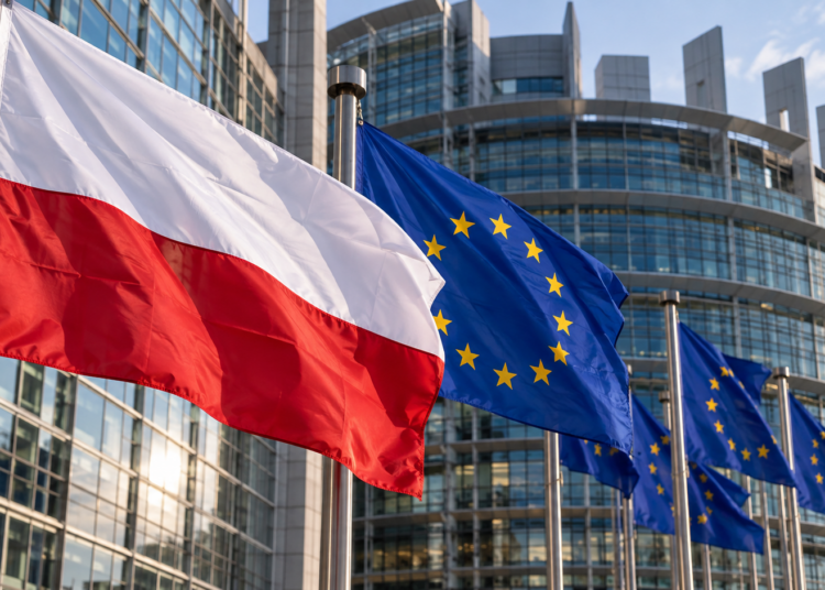 Digitally created editorial image showing the Polish flag alongside European Union flags outside a modern EU institutional building